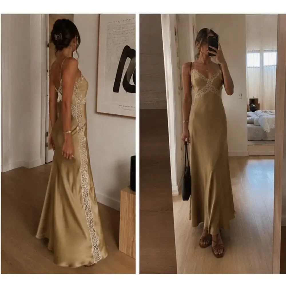 Reformation Ericka Silk Lace Slip Maxi Dress Riesling Gold Champagne US4 - Picture 5 of 8